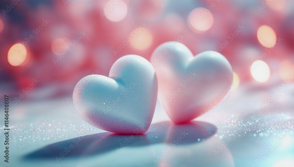 Over a background of pink pastel, two hearts are illuminated in white Over a background of pink pastel, two hearts are illuminated in white
