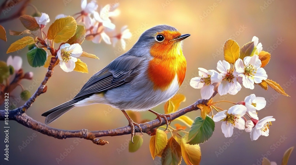 Robin bird perched on blossoming branch. Robin bird perched on blossoming branch.