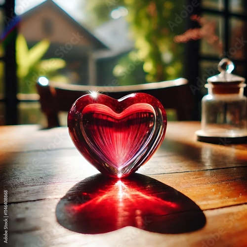 cœur en verre rouge posé sur une table en bois au coucher du soleil photo