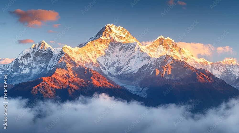 Golden Hour Panorama of Majestic Mountains in Clouds with Snow-Capped Peaks, Capturing the Essence of Natural Beauty in a Style Resembling National Geographic Golden Hour Panorama of Majestic Mountains in Clouds with Snow-Capped Peaks, Capturing the Essence of Natural Beauty in a Style Resembling National Geographic