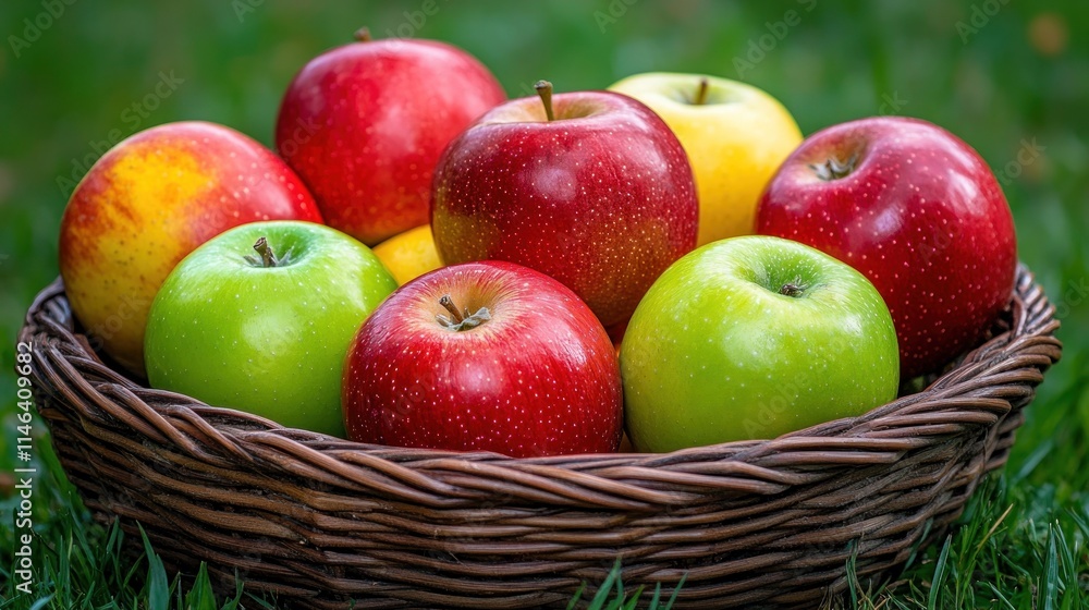Ripe red and green apples in a wicker basket on grass. Ripe red and green apples in a wicker basket on grass.