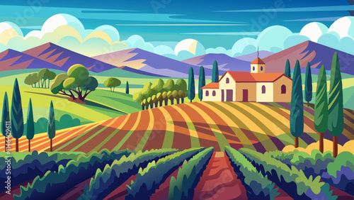 Viñedo de campo sereno con hileras de vides, bodega encantadora y colinas bajo un cielo azul claro.