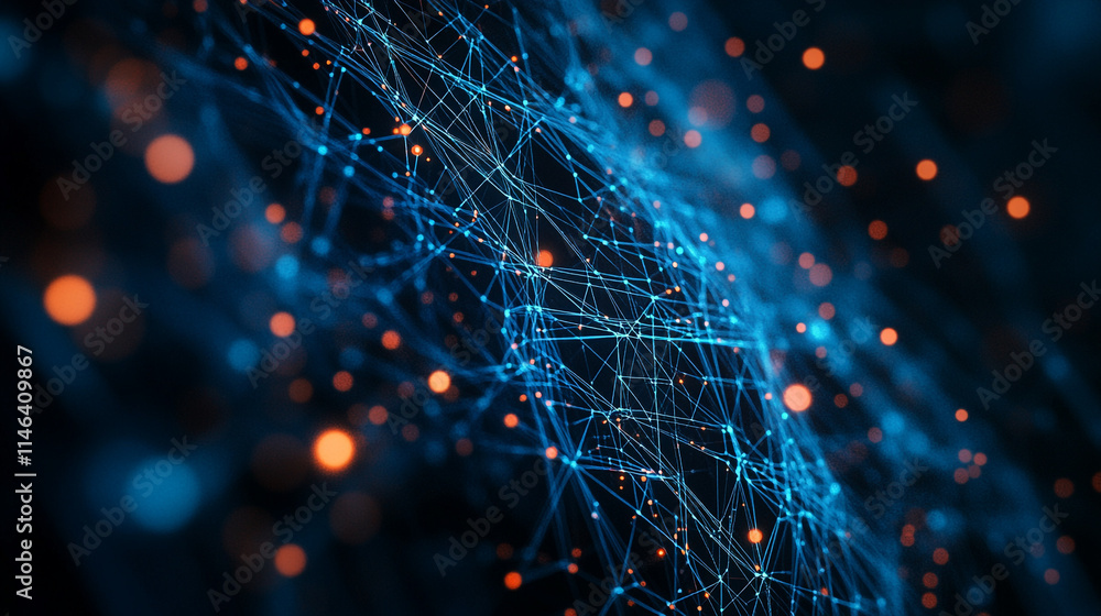 Digital network connections glowing in blue and orange at night. Digital network connections glowing in blue and orange at night.