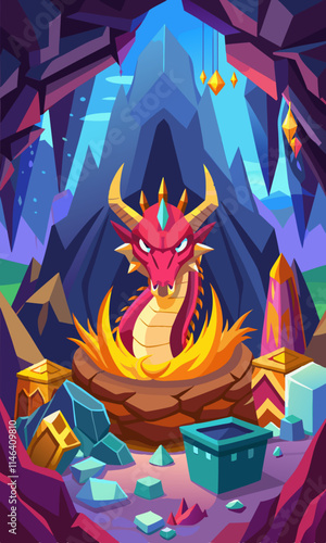 Fantasy dragon's lair with glowing crystals, treasure hoard, and majestic dragon guarding its pile inside mountain cave.
