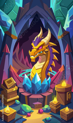 Fantasy dragon's lair with glowing crystals, treasure hoard, and majestic dragon guarding its pile inside mountain cave.
