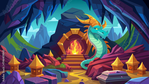 Fantasy dragon's lair with glowing crystals, treasure hoard, and majestic dragon guarding its pile inside mountain cave.
