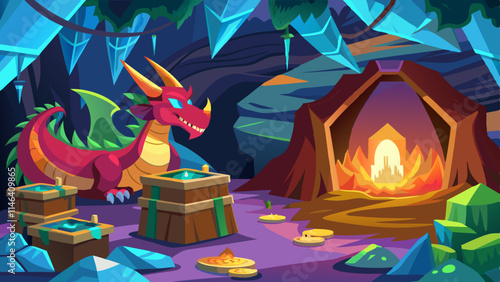 Fantasy dragon's lair with glowing crystals, treasure hoard, and majestic dragon guarding its pile inside mountain cave.
