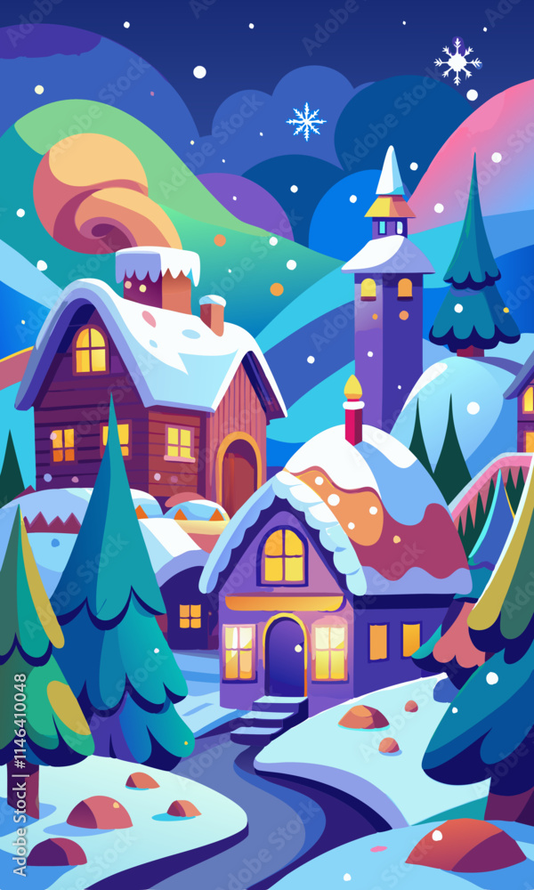Magical Winter Village
Vector illustration of a quaint winter village with charming houses, twinkling lights, and festive decorations, covered in a blanket of snow. Magical Winter Village
Vector illustration of a quaint winter village with charming houses, twinkling lights, and festive decorations, covered in a blanket of snow.