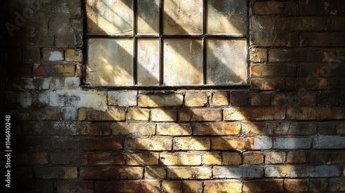 unlight filters through vintage windows on a brick wall, casting soft shadows on the weathered bricks, textured with years of history photo