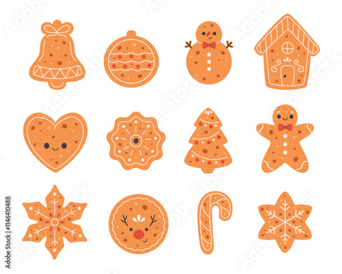 Decorated Gingerbread Cookies collection. Holiday pastry, cookies. Vector illustration in flat style