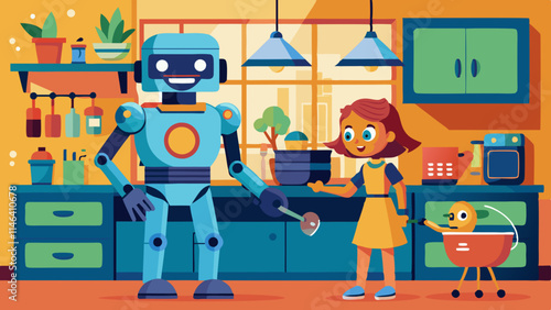 Friendly robot assisting humans with cooking, cleaning, and organizing tasks in a modern home setting
