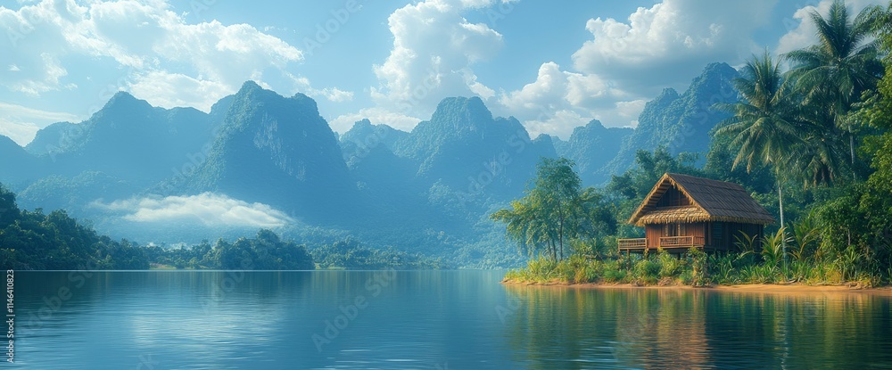 Fototapeta premium Serene Lakeside Bungalow in Tropical Mountain Paradise