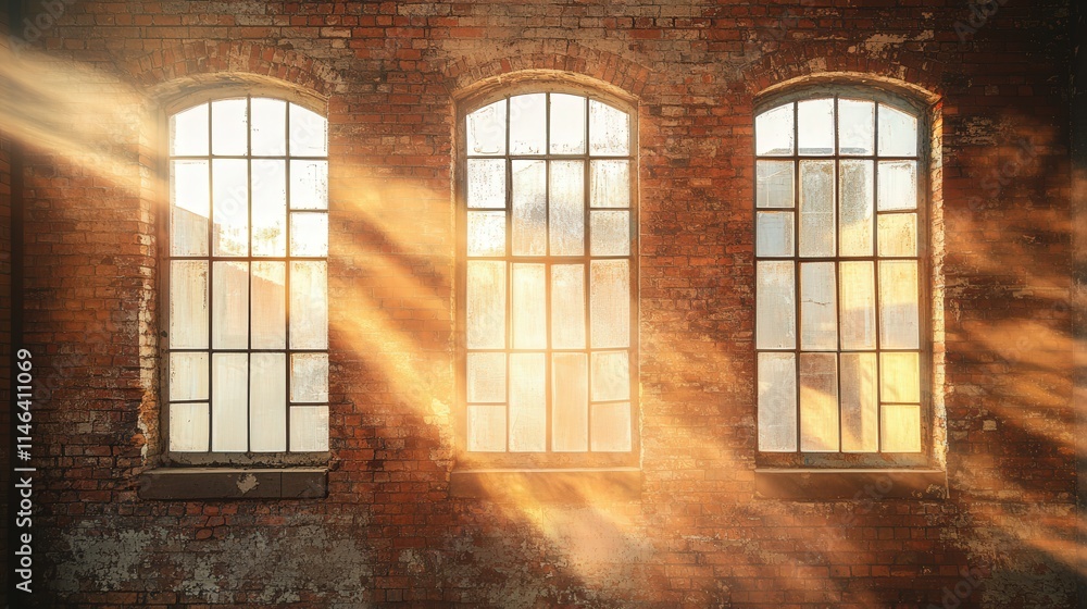 Sunlight streams through tall, aged windows on a red brick wall, the texture of the wall rich with the patina of history Sunlight streams through tall, aged windows on a red brick wall, the texture of the wall rich with the patina of history