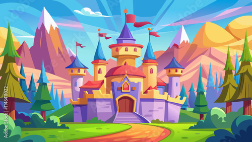 魔法の森のある神秘的なファンタジーの城。イラスト、ゲーム、ストーリーテリングのファンタジーの世界に最適です。