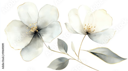 Fototapeta Naklejka Na Ścianę i Meble -  Elegant watercolor painting of two delicate, grey and white flowers with gold accents on a white background.