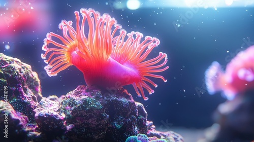 Bright coral colonies with feather duster worms extending their tentacles. photo