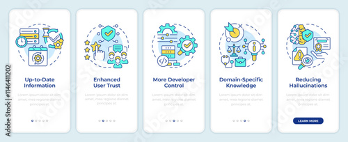 Benefits of RAG onboarding mobile app screen. AI semantic walkthrough 5 steps editable graphic instructions with linear concepts. UI, UX, GUI template. Montserrat SemiBold, Regular fonts used
