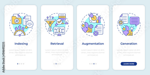 RAG process onboarding mobile app screen. Information walkthrough 4 steps editable graphic instructions with linear concepts. UI, UX, GUI template. Montserrat SemiBold, Regular fonts used