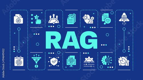 RAG dark blue word concept. Integrating generative AI in content making. Data processing technology. Visual communication. Vector art with lettering text, editable glyph icons. Hubot Sans font used