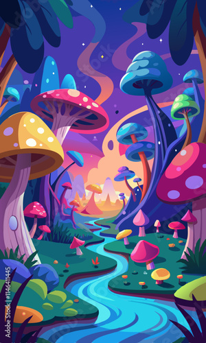 おとぎ話の森のシーン
魔法の生き物、光るキノコ、魔法の川が流れる風変わりな森のベクター イラストです。子供の物語やゲームに最適です。