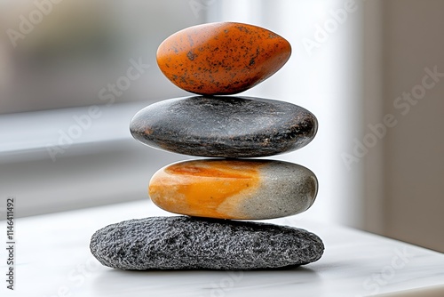 Layered stones in a minimalistic balanced sculpture with natural textures photo