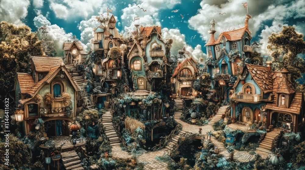 Whimsical village nestled on a hill, featuring charming houses, winding staircases, and lush greenery under a vibrant sky. Whimsical village nestled on a hill, featuring charming houses, winding staircases, and lush greenery under a vibrant sky.