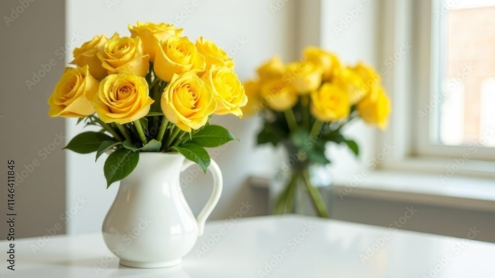 A bouquet of yellow roses stands in a white vase on a table in the room A bouquet of yellow roses stands in a white vase on a table in the room