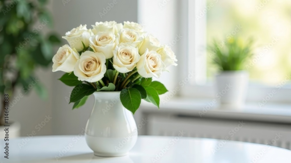 A bouquet of white roses stands in a white vase on a table in the room A bouquet of white roses stands in a white vase on a table in the room
