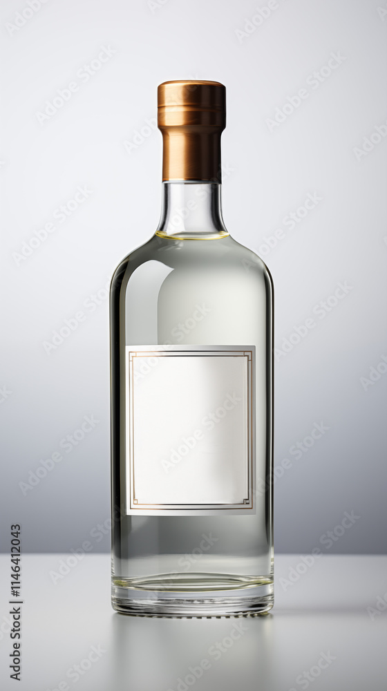 Minimalist Glass Bottle with Copper Cap and Blank Label in Modern Studio Setting Minimalist Glass Bottle with Copper Cap and Blank Label in Modern Studio Setting
