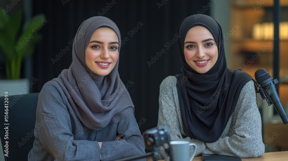 Two smiling women in head scarves, sitting at a table with microphones, likely podcasters or vloggers. Two smiling women in head scarves, sitting at a table with microphones, likely podcasters or vloggers.