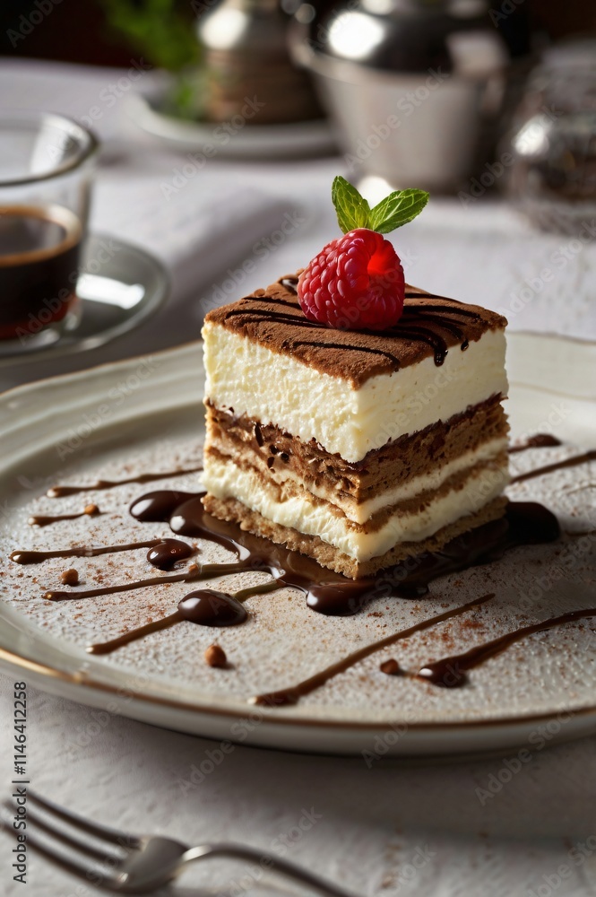 A delicious tiramisu dessert with raspberries and mint on a white plate, garnished with chocolate sauce and served with a cup of coffee in the background, an ideal choice for gourmets and sweet lovers A delicious tiramisu dessert with raspberries and mint on a white plate, garnished with chocolate sauce and served with a cup of coffee in the background, an ideal choice for gourmets and sweet lovers