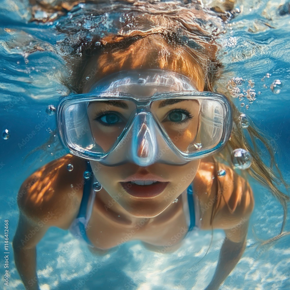 Naklejka premium Underwater Woman with Diving Mask, Sunlight and Bubbles