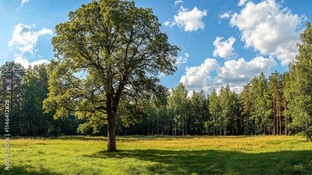 Beautiful Oak Tree in a Green Grassy Field with Blue Sky: Tranquil Nature Landscape, Outdoor Recreation, Environmental Beauty, Rural Tourism Concept Beautiful Oak Tree in a Green Grassy Field with Blue Sky: Tranquil Nature Landscape, Outdoor Recreation, Environmental Beauty, Rural Tourism Concept