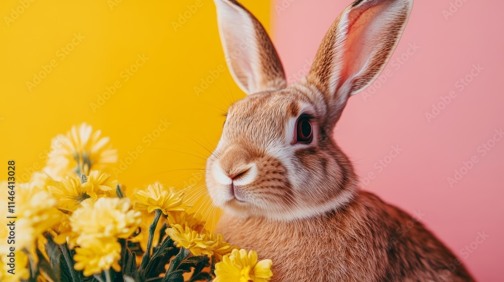 A charming rabbit rests beside a vibrant bouquet of flowers, embodying the spirit of Easter and the joy of springtime renewal. A charming rabbit rests beside a vibrant bouquet of flowers, embodying the spirit of Easter and the joy of springtime renewal.