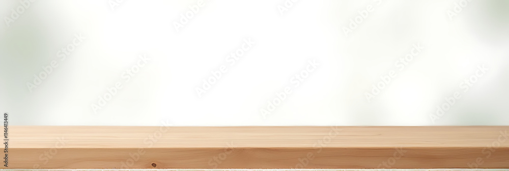A minimalist wooden table sits atop a white bokeh background, ideal for creating visually appealing product displays and layouts._00002_
