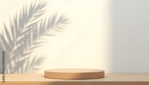 Wallpaper Mural A minimalist wooden table or product display platform design features a shadow of palm leaves on a subtle wall background._00002_ Torontodigital.ca