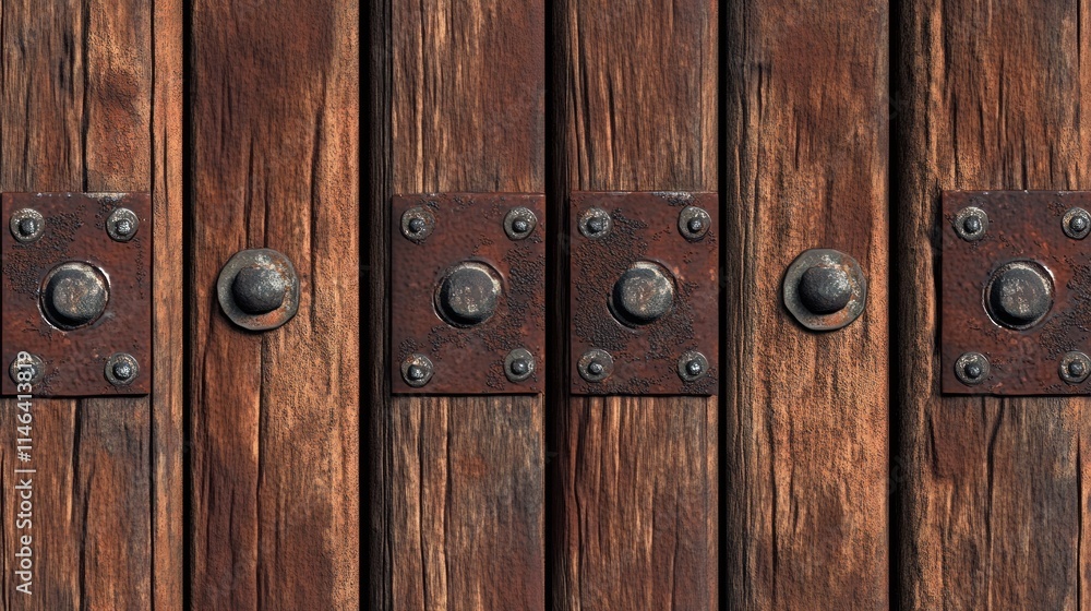 Rusted metal plates on weathered brown wooden planks. Rusted metal plates on weathered brown wooden planks.