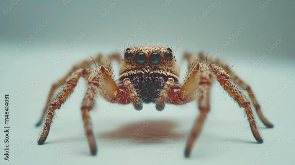 Close-up of a jumping spider facing the camera on a white background. Close-up of a jumping spider facing the camera on a white background.