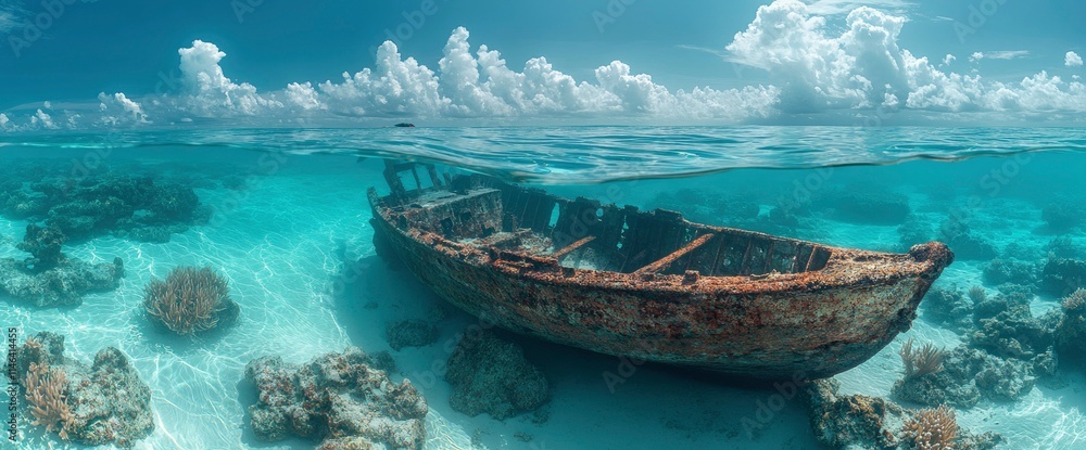 Obraz premium Sunken Treasure A Rusty Shipwreck in a Tropical Paradise