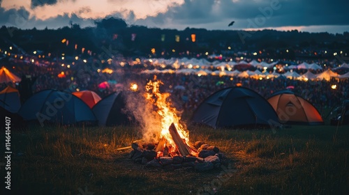 A campfire surrounded by festival-goers at Glastonbury, with tents and the festival vibes in the background photo