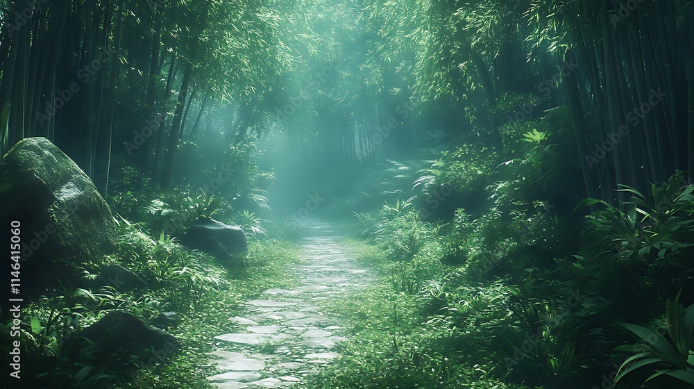 Obraz premium Photo of a path through a bamboo forest surrounded background