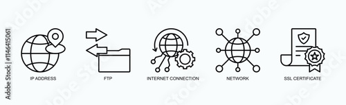 Key Internet And Networking Components For Hosting And Security Icon Set Vector Illustration Concept With Icon Of Ip Address, Ftp, Internet Connection, Network, Ssl Certificate In Outline Style