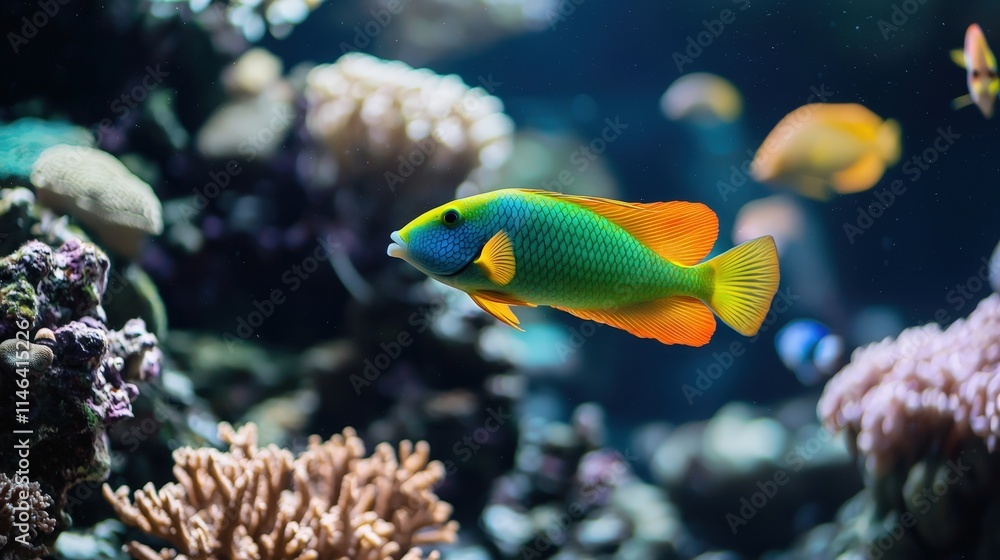 Bright green parrotfish grazing on coral, surrounded by other reef inhabitants. Bright green parrotfish grazing on coral, surrounded by other reef inhabitants.