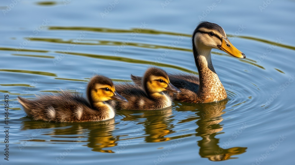 Mother duck swimming with her ducklings in a serene pond during a sunny afternoon Mother duck swimming with her ducklings in a serene pond during a sunny afternoon