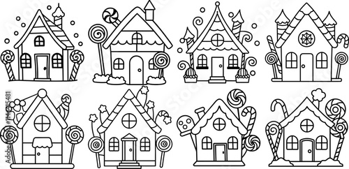 Set of Christmas gingerbread house sweets lollipops outline coloring book page vector illustration