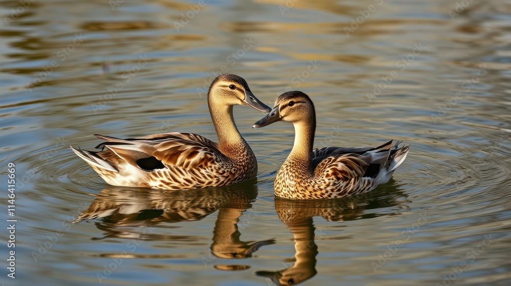 Two ducks gracefully swimming together in calm waters during sunset Two ducks gracefully swimming together in calm waters during sunset