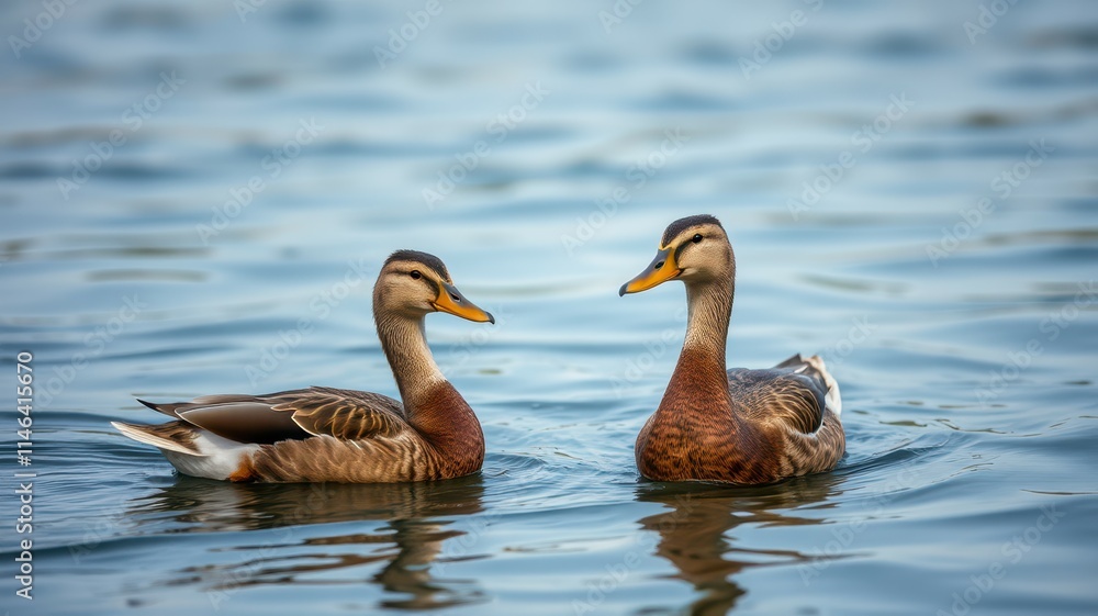 Ducks swim gracefully in calm water during a sunny afternoon at a serene lake Ducks swim gracefully in calm water during a sunny afternoon at a serene lake
