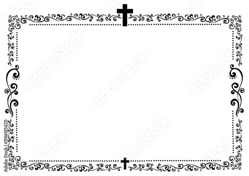 Obituary memorial lettering and floral ornament with cross isolated monochrome frame. Vector grief text with crucifix, flowers and leaves border, funeral inscription. Condolence message on gravestone