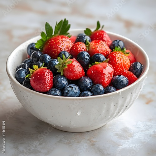 Fresh strawberries and blueberries in a white bowl on a marble surface.