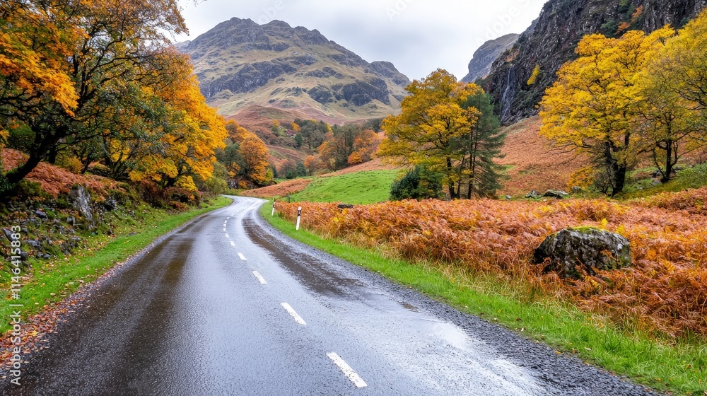 Naklejka premium A wet asphalt road winds through a scenic mountain valley filled with colorful autumn foliage.